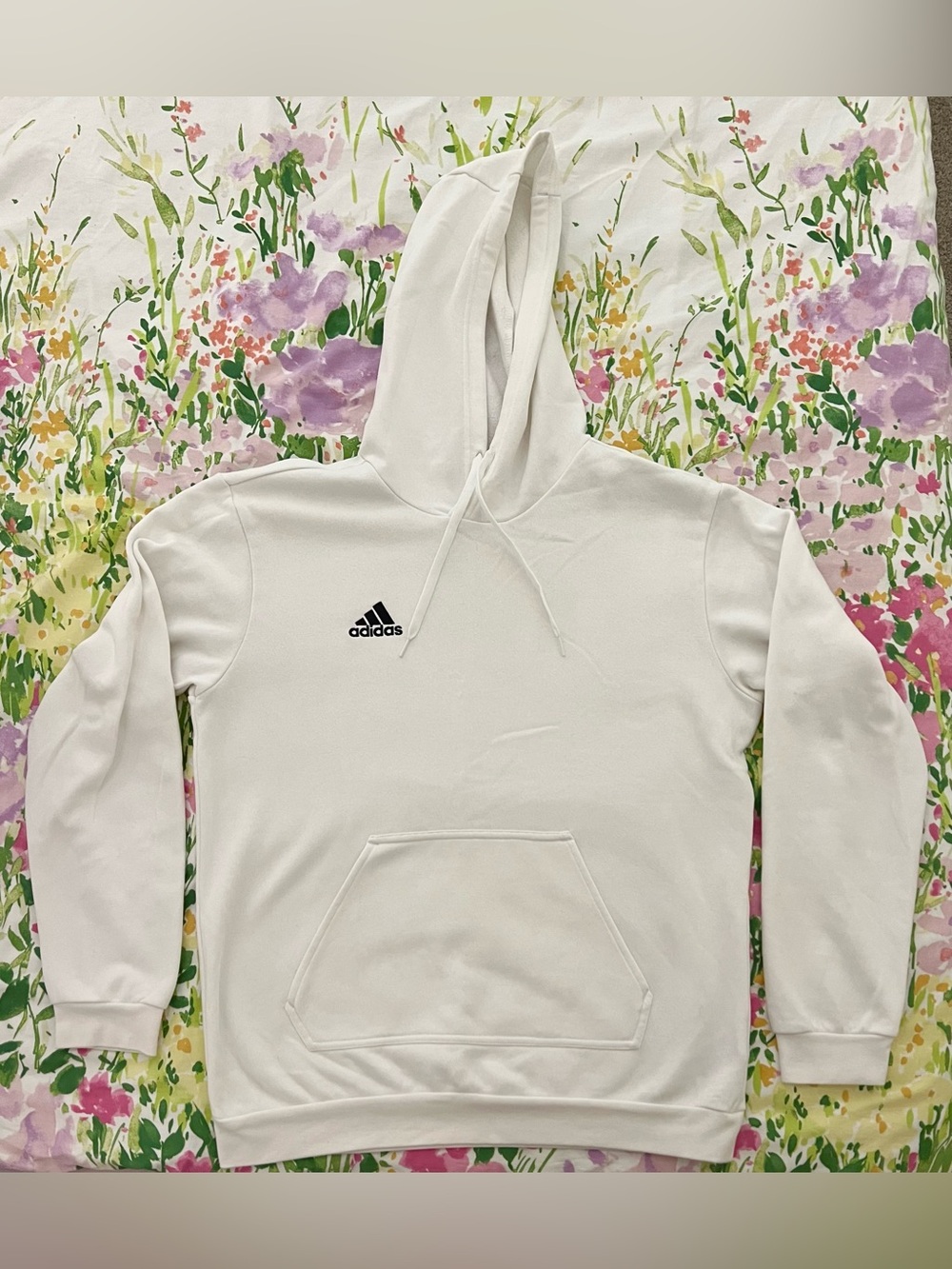 adidas White Crewneck Drawstring Hoodie with Black Logo